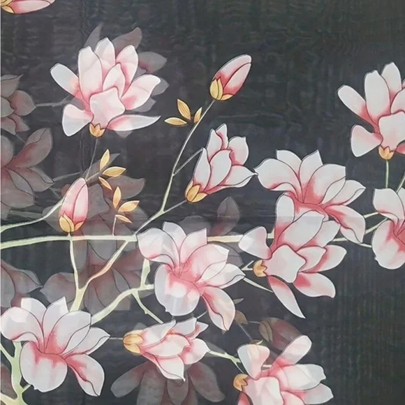 Magnolia Flower Chiffon Black and Pink Women's Scarf - Picture 2 of 4